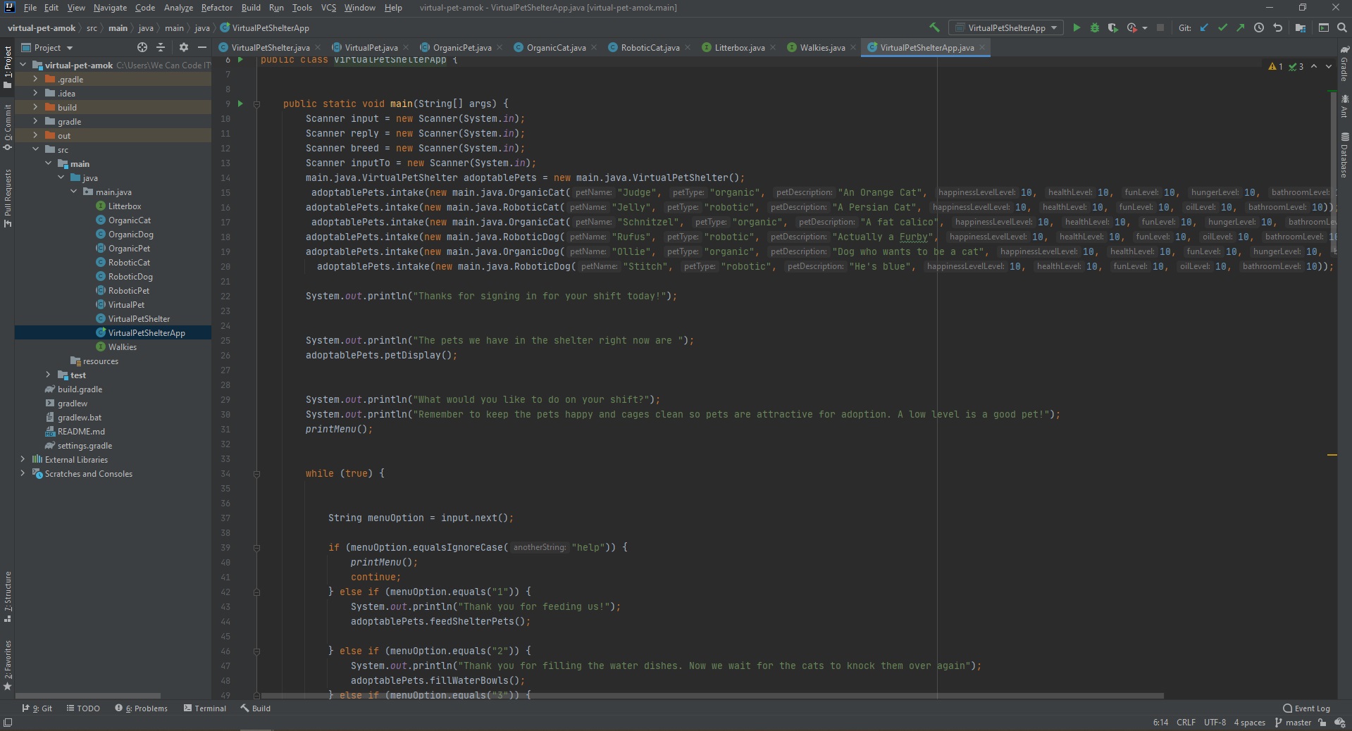 An image that features the layout of a code. Shows multiple main and test classess as well as code written out.