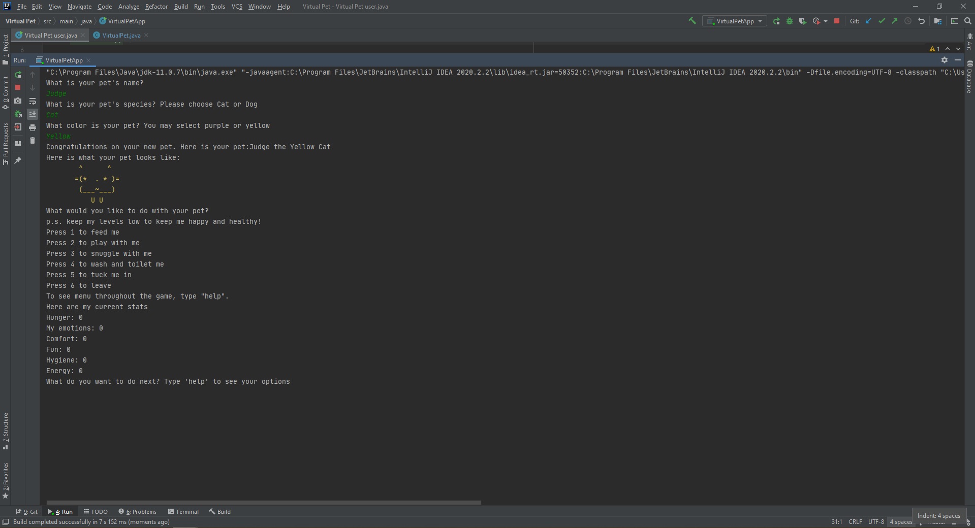 An image of code that simulates it running. Features a purple cat named Ollie